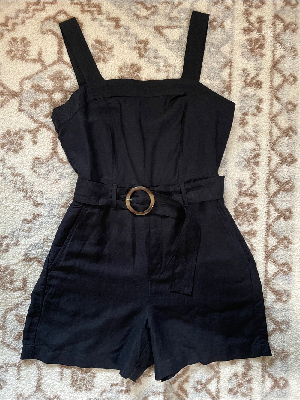 LOFT Black Sleeveless Belted Romper with Ring Buckle Accent